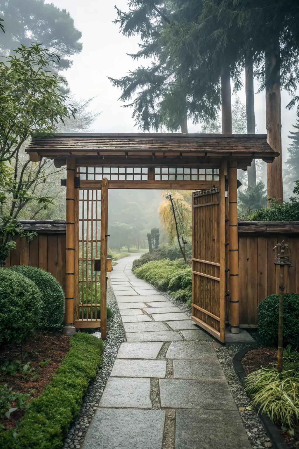 A zen-inspired wooden gate, offering a serene entrance to the garden.