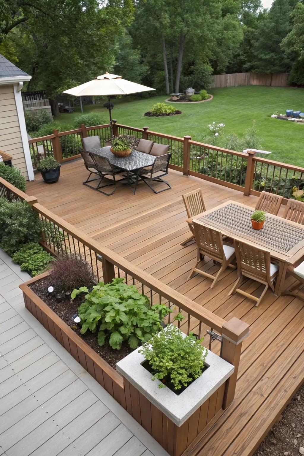 A wooden patio deck thoughtfully divided into activity zones.