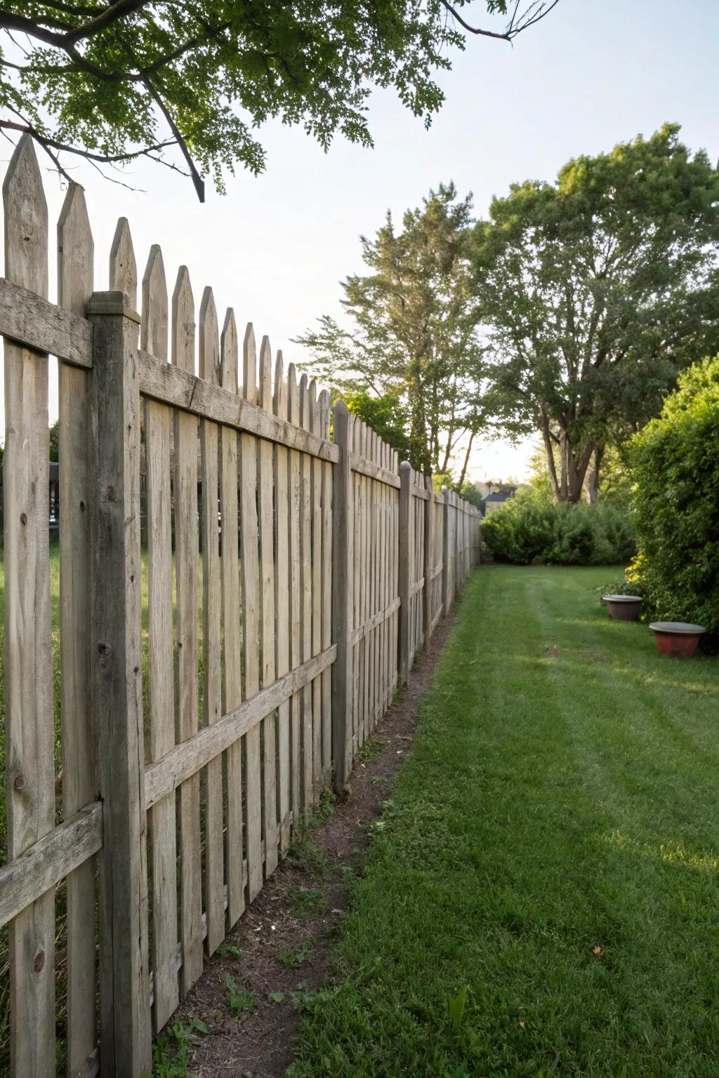 A taller picket fence offers enhanced privacy in this backyard.