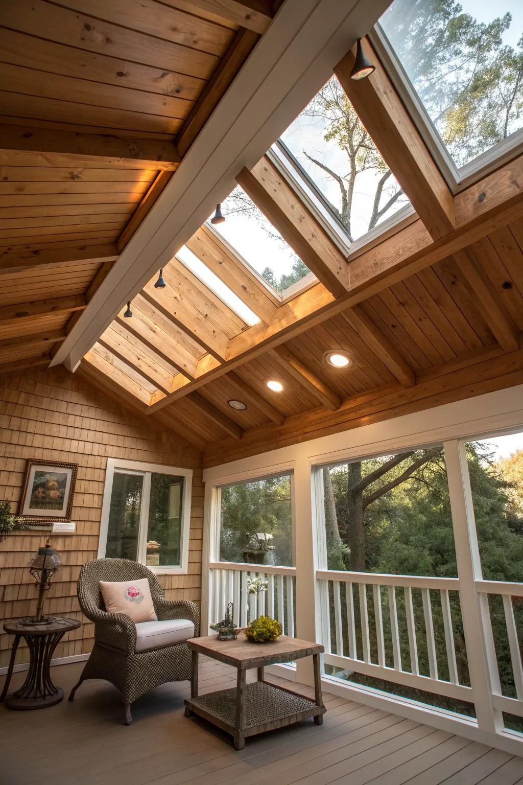 Skylights in the wood ceiling fill the porch with light.