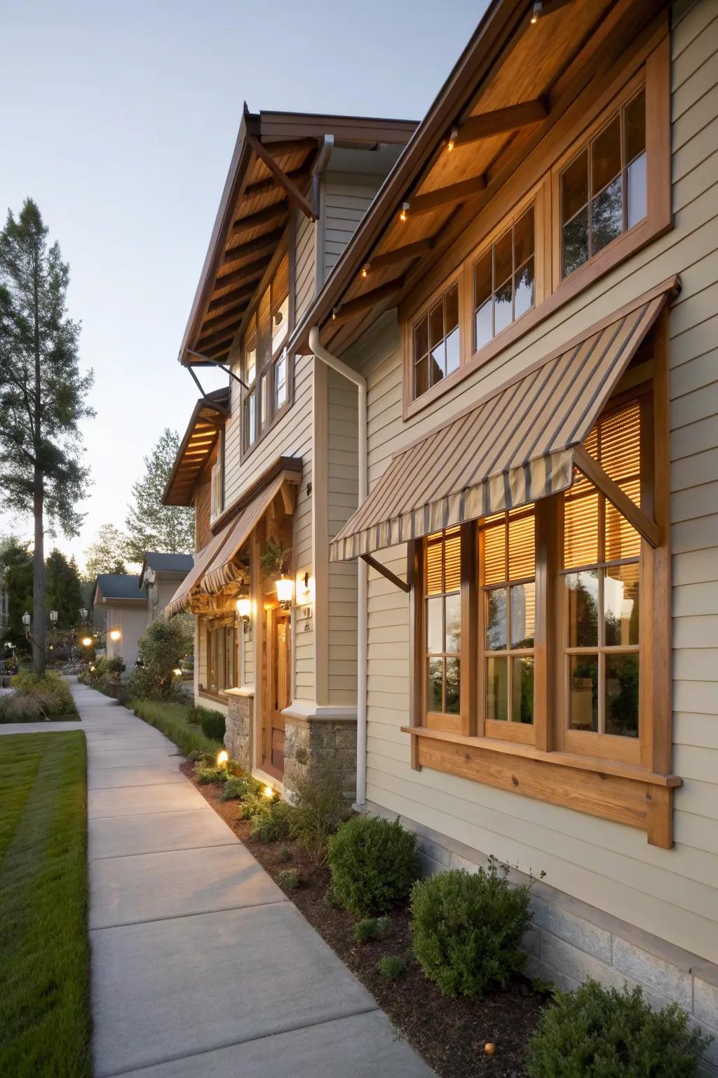 Harmonious awnings create a unified aesthetic for multiple windows.