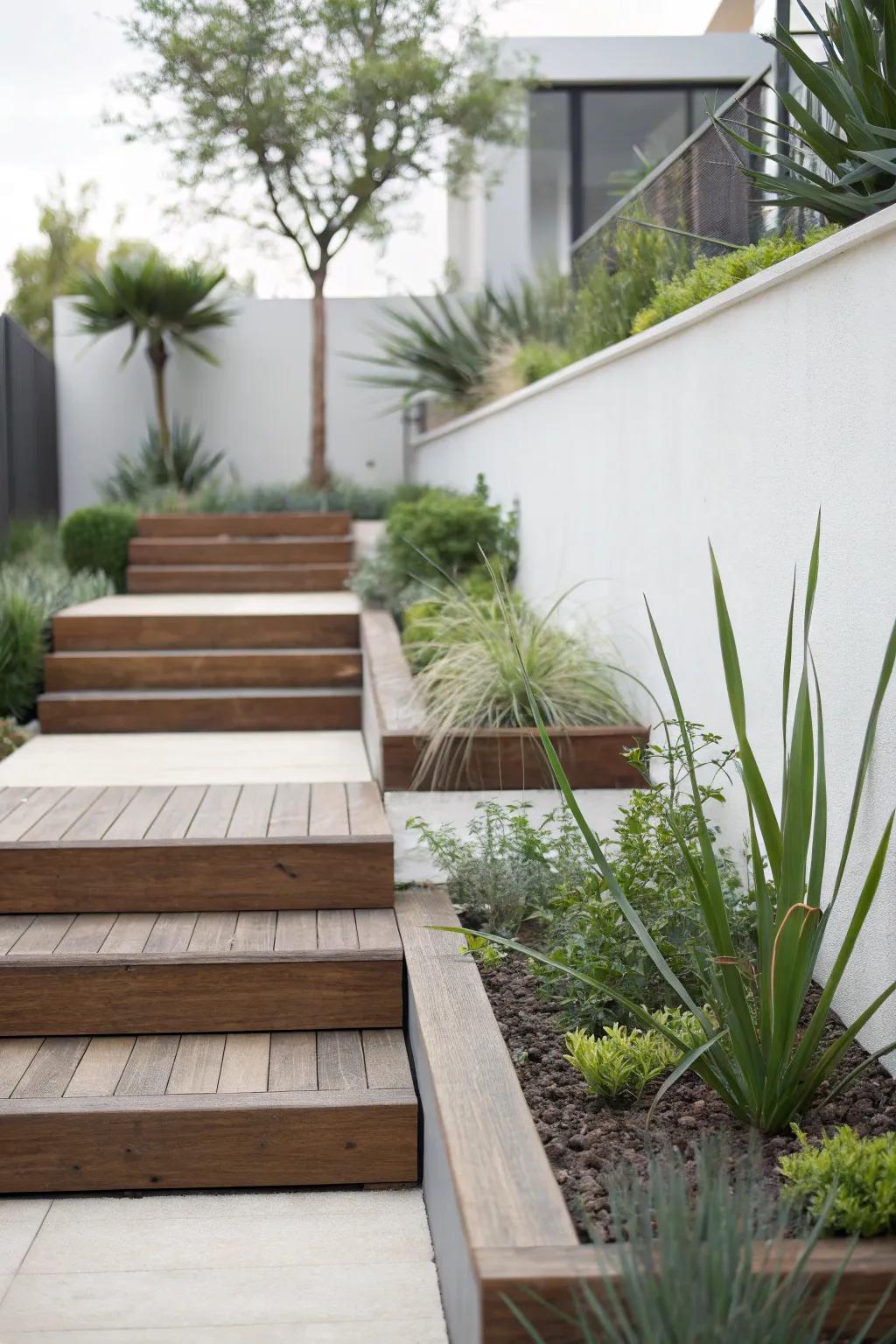 Straight wooden steps offering a clean and minimalist garden aesthetic.