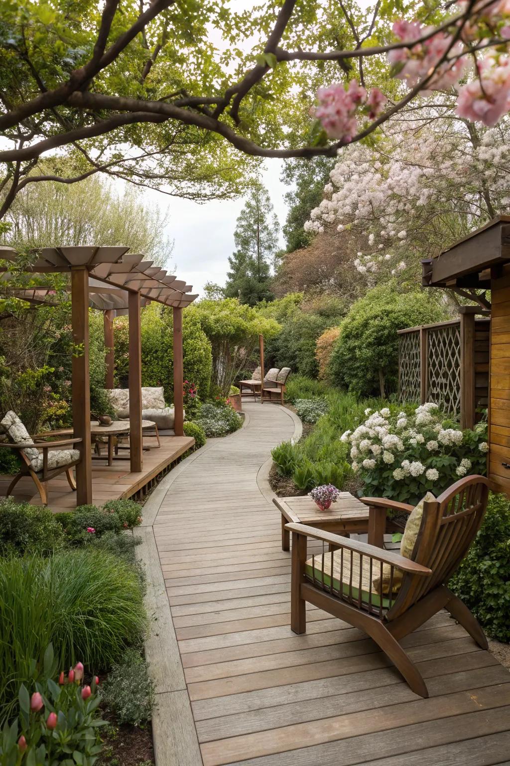 Wooden pathways create seamless outdoor connections.