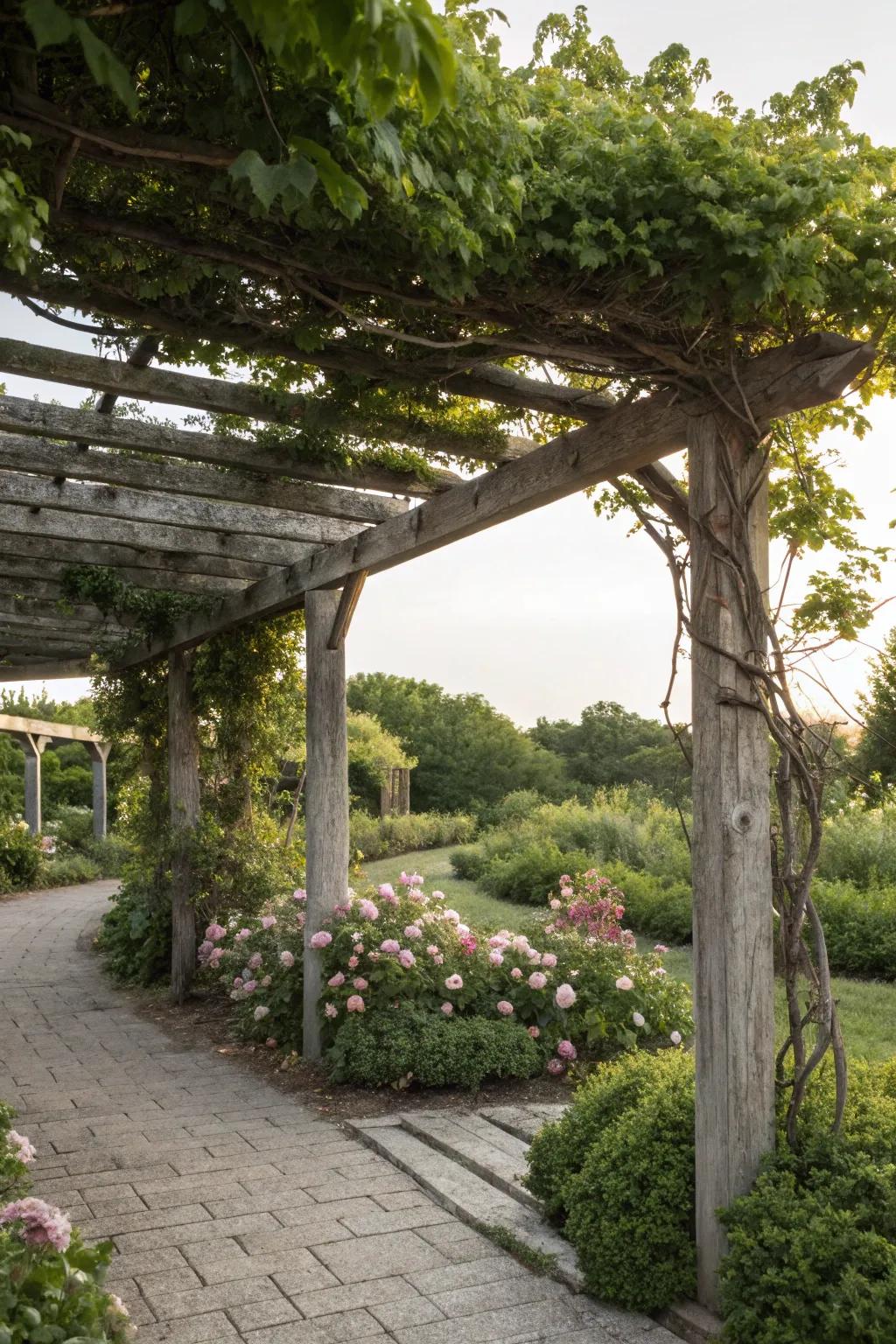 A rustic pergola provides shade and supports climbing vines.