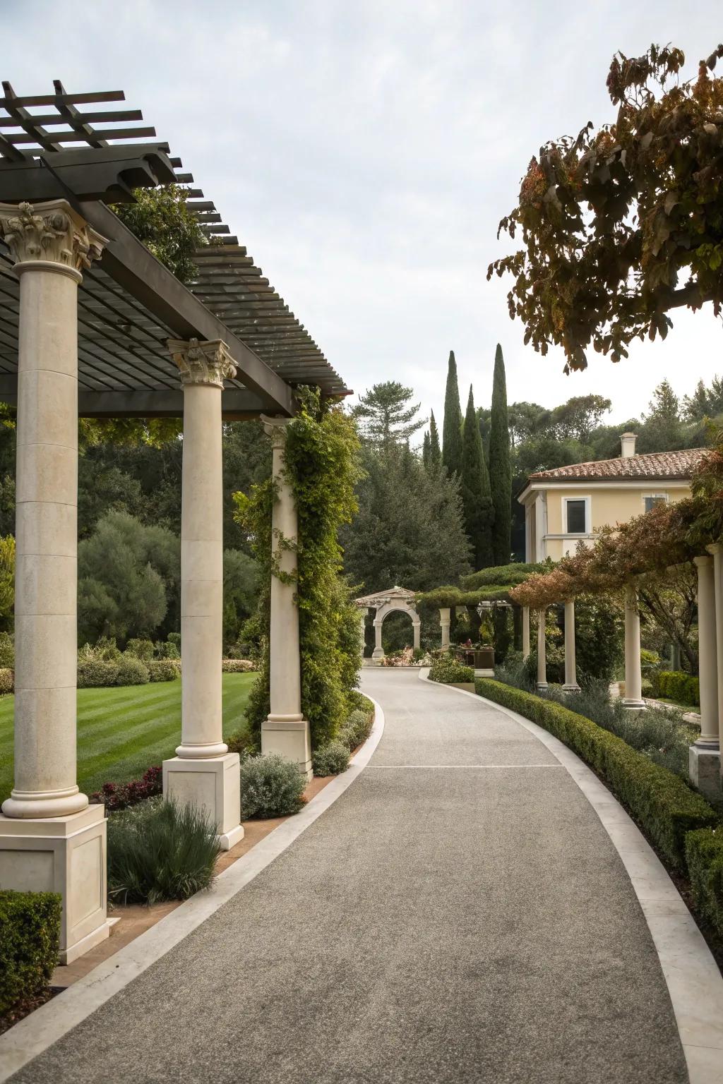 Architectural elements frame the driveway, creating a grand entrance.