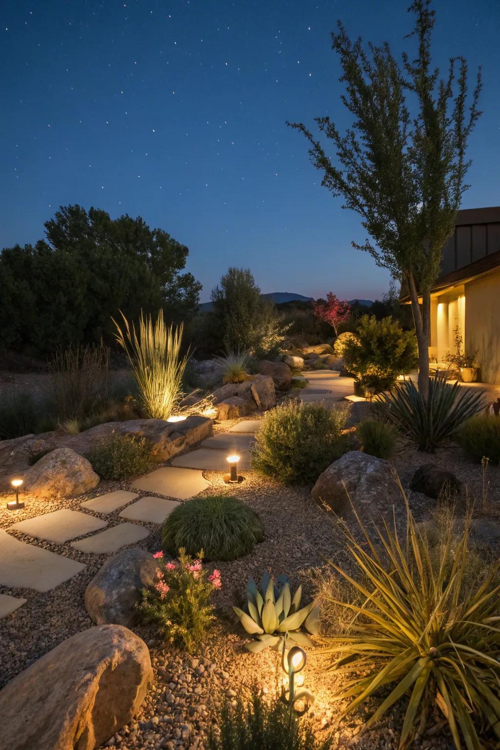 A xeriscape garden glowing with solar lights, creating a warm evening retreat in New Mexico.