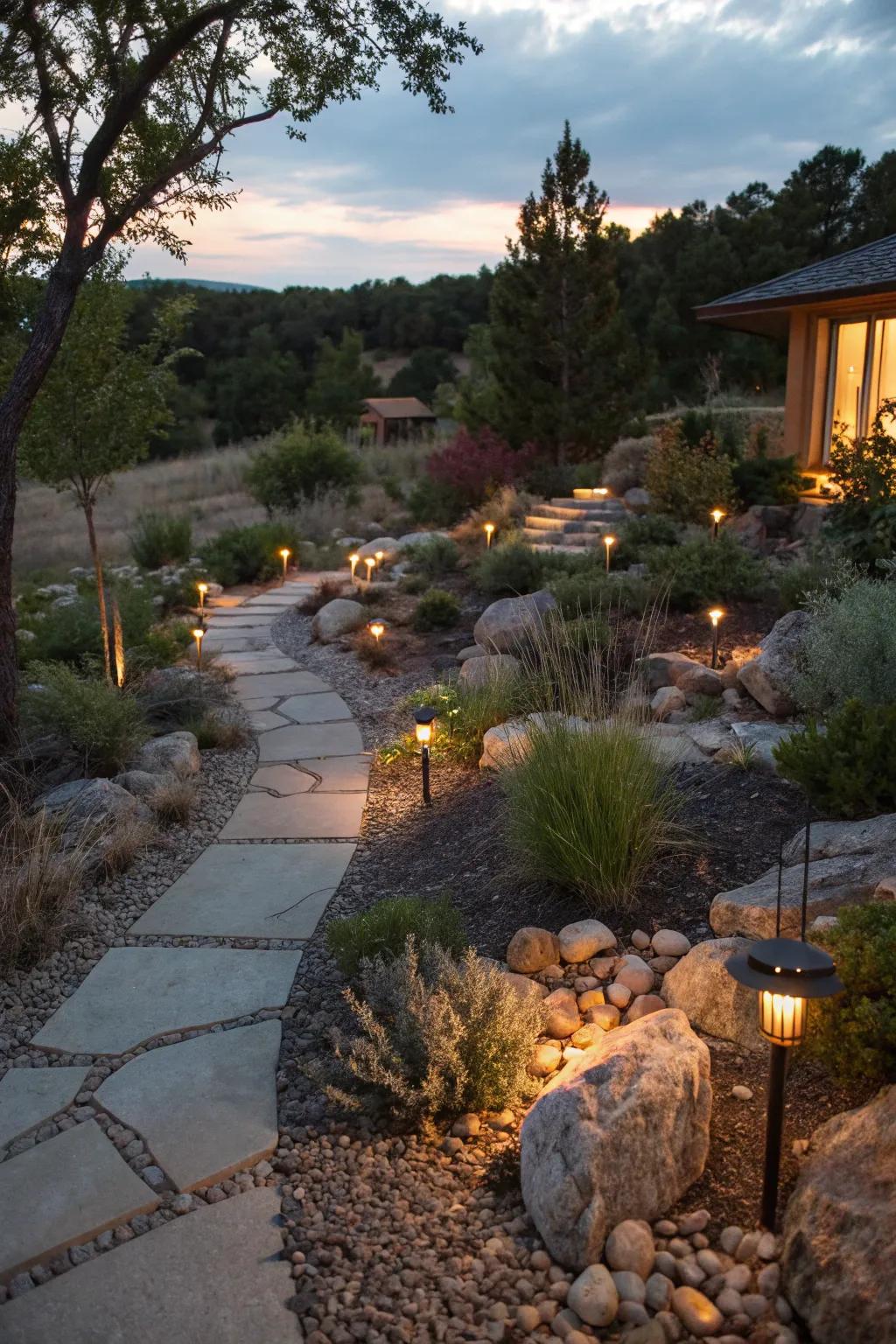 Solar lighting highlights garden features and extends usability into the night.