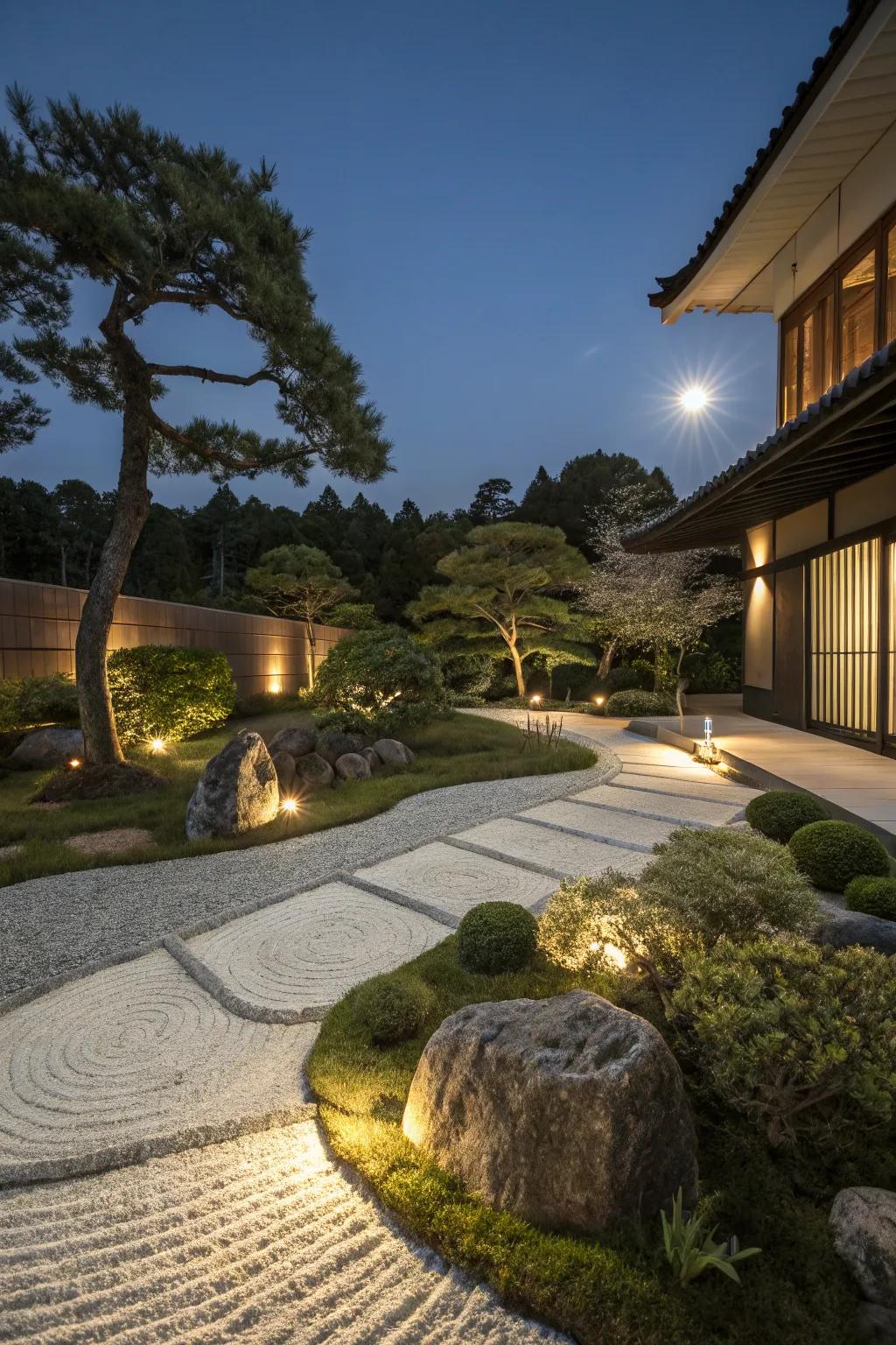 Night lighting transforms the garden into an enchanting evening retreat.