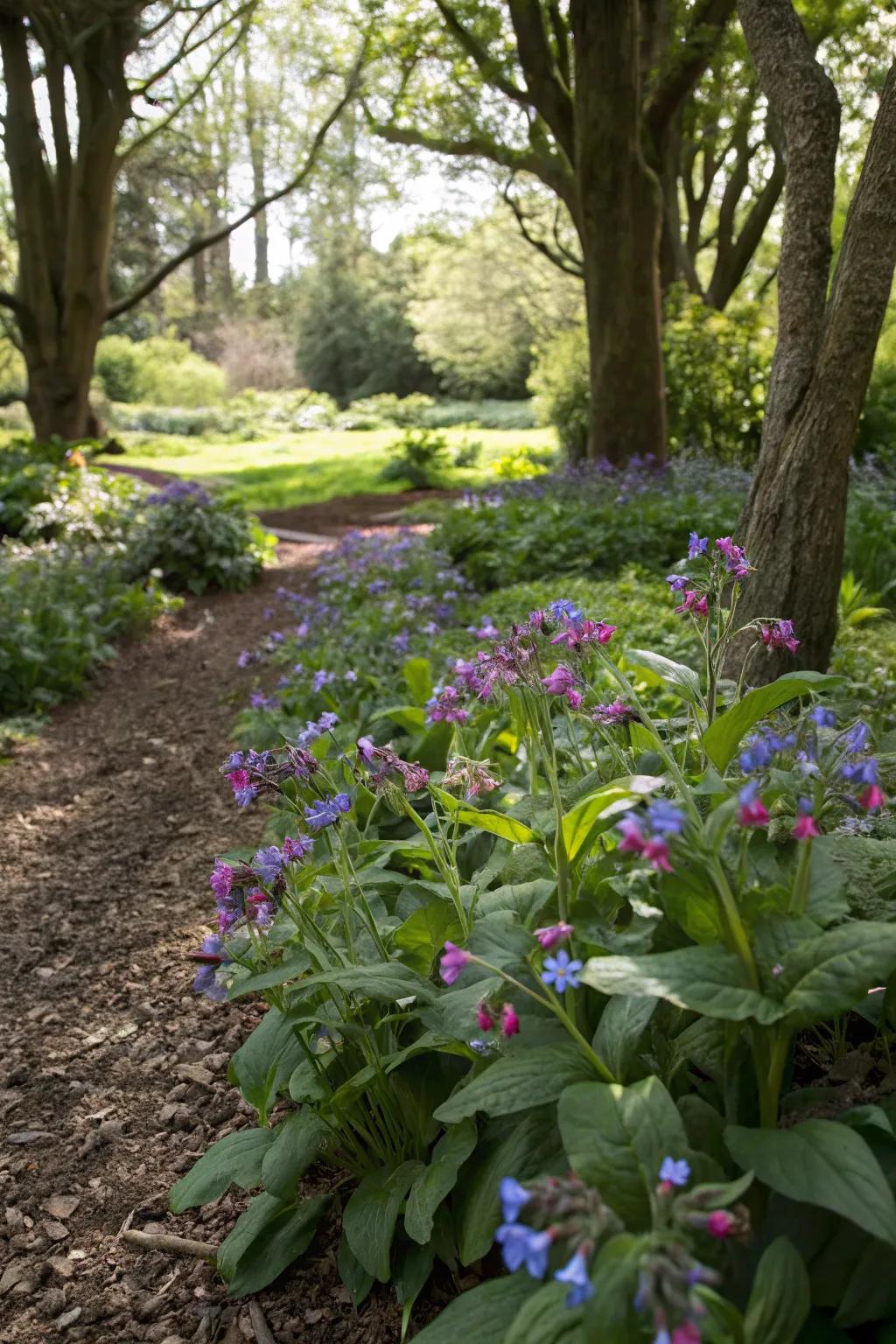 Lungwort creates a pollinator paradise in shaded garden areas.