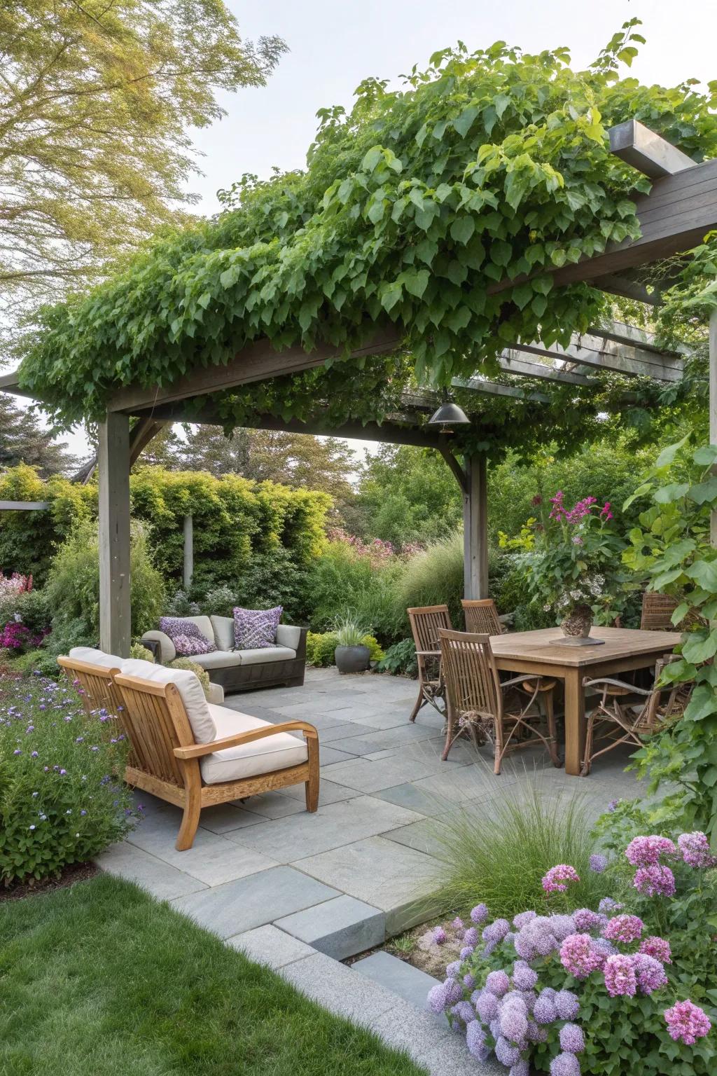 A relaxing outdoor living space in a zone 8b garden.