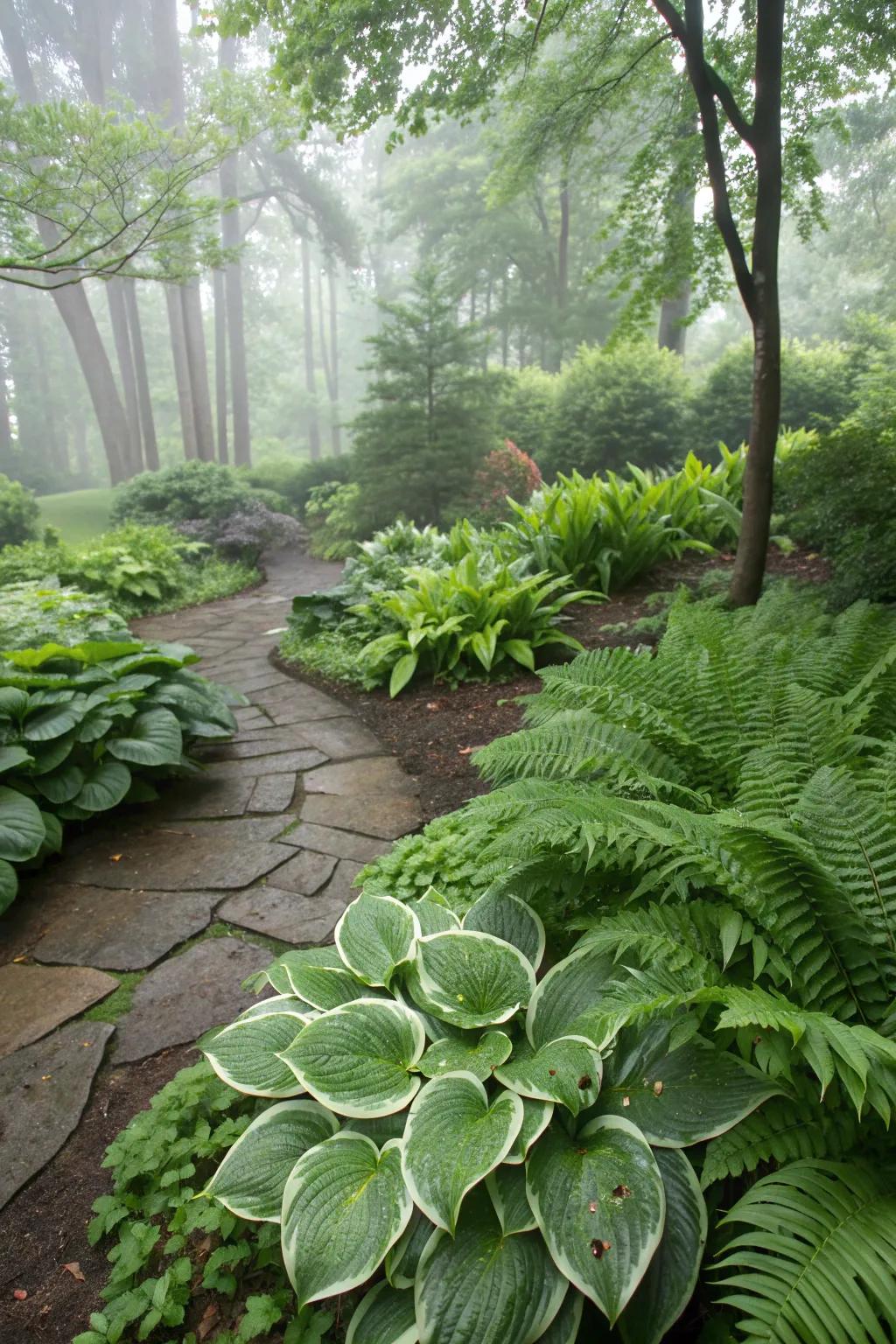 A shade garden with hostas and ferns thriving in dappled sunlight.