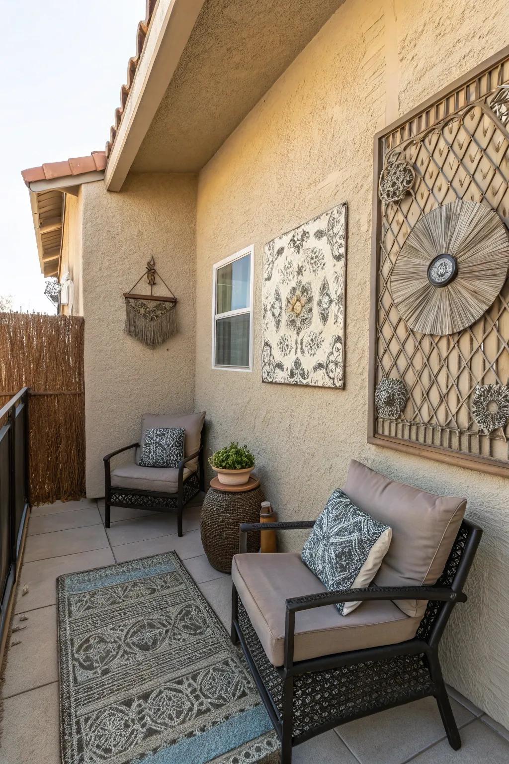 Textured wall art enhances patio walls.