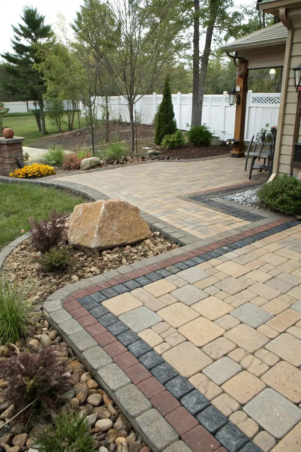 Creative borders add flair and structure to a paver patio.