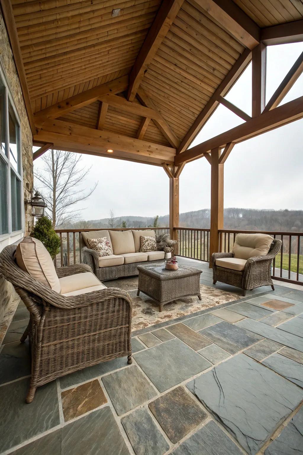 Natural textures enhance the tactile appeal of this porch.