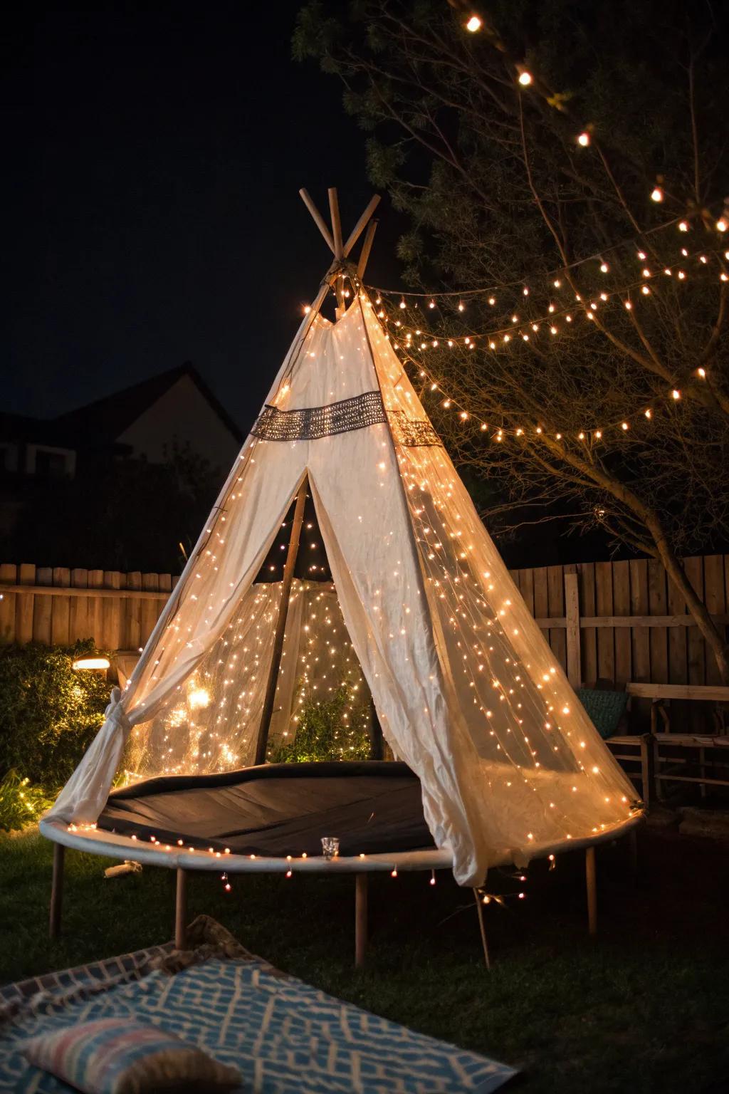 A nighttime teepee turns the trampoline into a magical nighttime retreat.