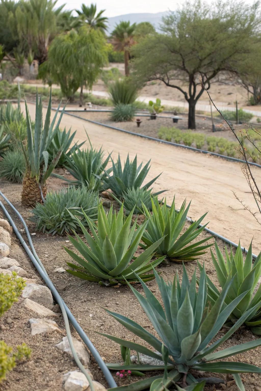 Agaves thriving in a water-wise garden setup.
