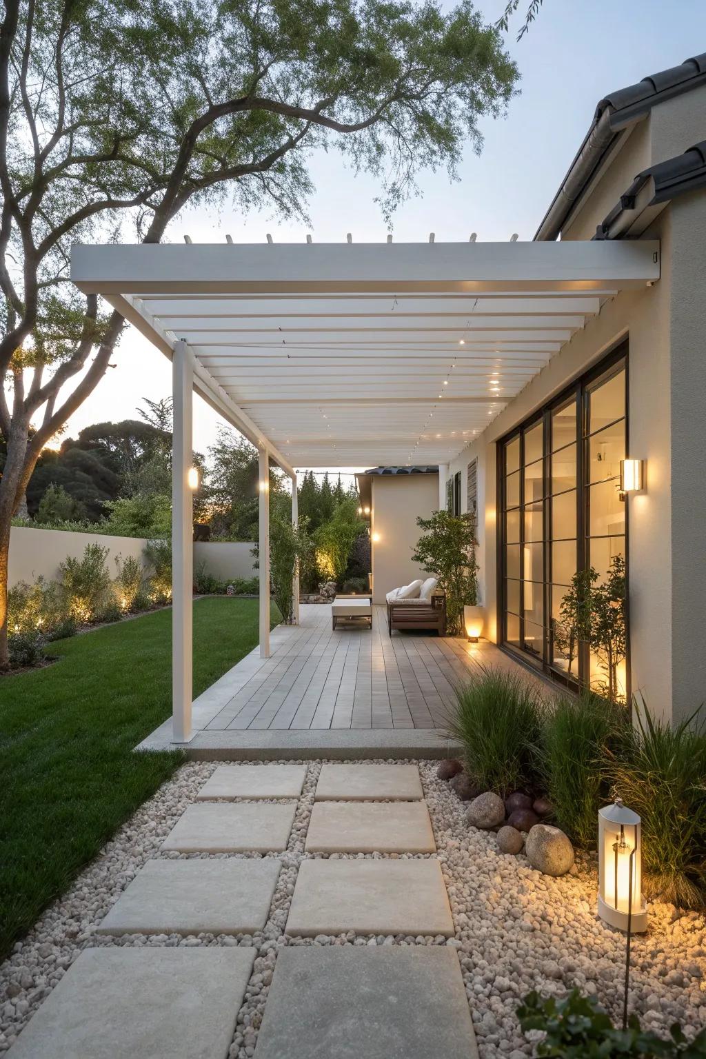 A minimalist Zen aluminum pergola for a tranquil space.