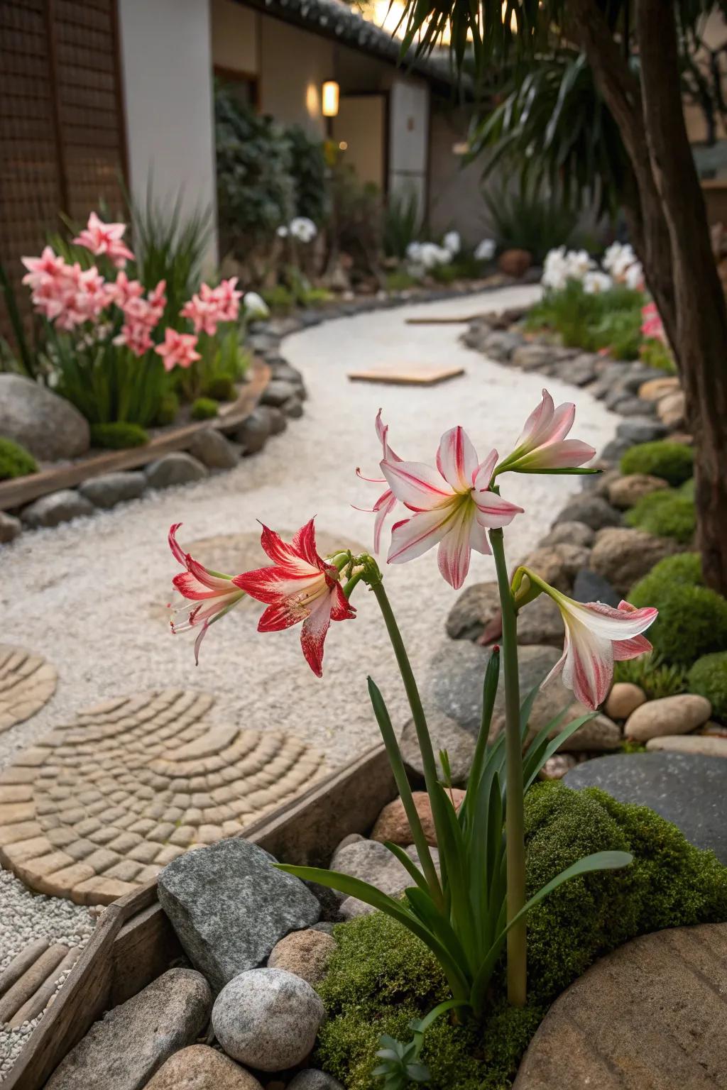 Amaryllis in Zen gardens offer a peaceful yet vibrant touch.