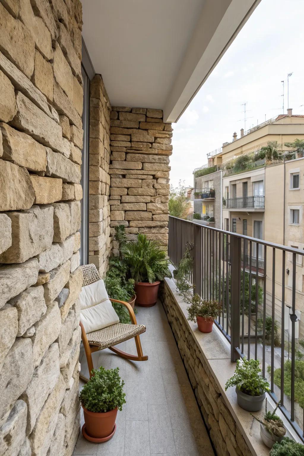 Stacked stone walls add a solid, natural touch to balcony privacy.