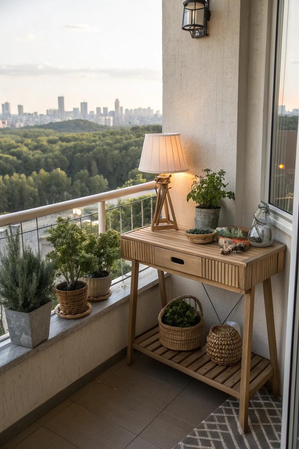 A console table providing versatility on a small apartment balcony.