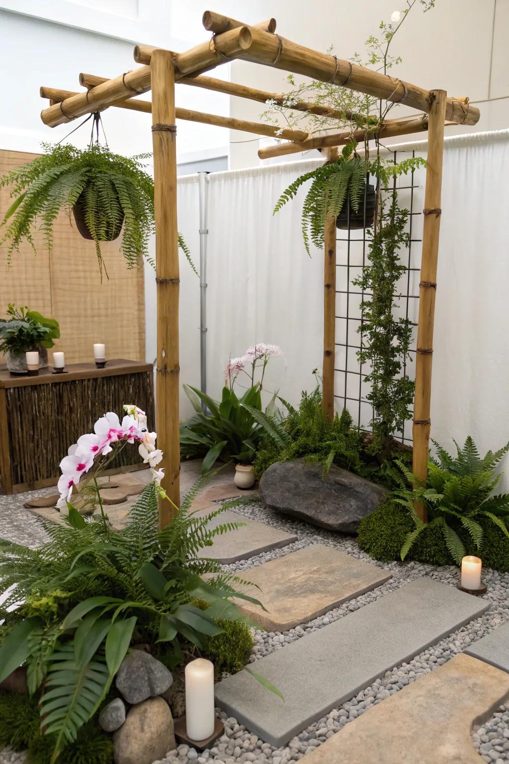 A Zen garden retreat with a bamboo trellis.