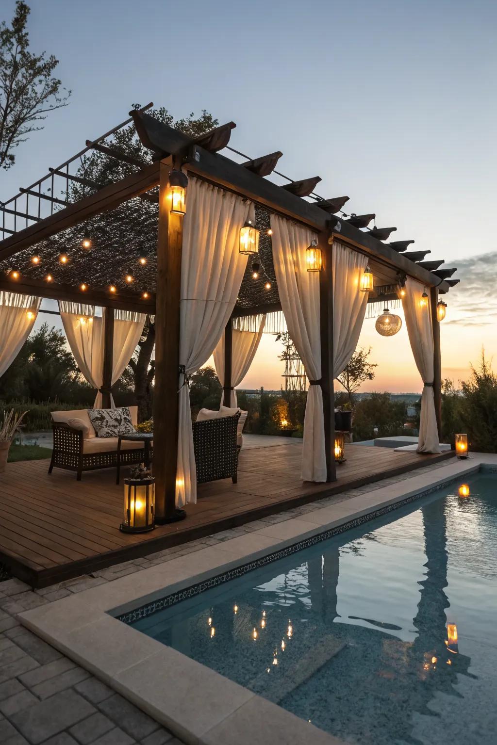 Shade-enhancing lights create a cozy and inviting poolside ambiance.