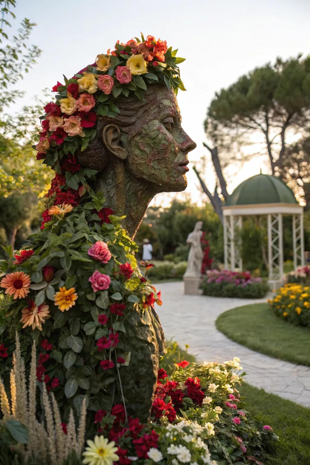 A unique garden sculpture crafted from vibrant artificial flowers.