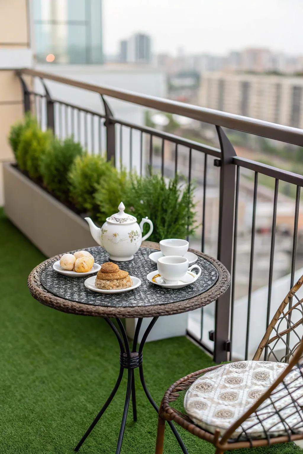 Enjoy an elegant tea corner with artificial grass for delightful gatherings.