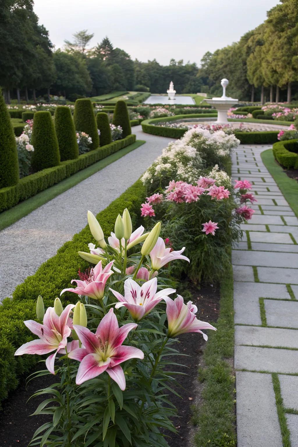 A formal garden design with symmetrical Asiatic lilies.