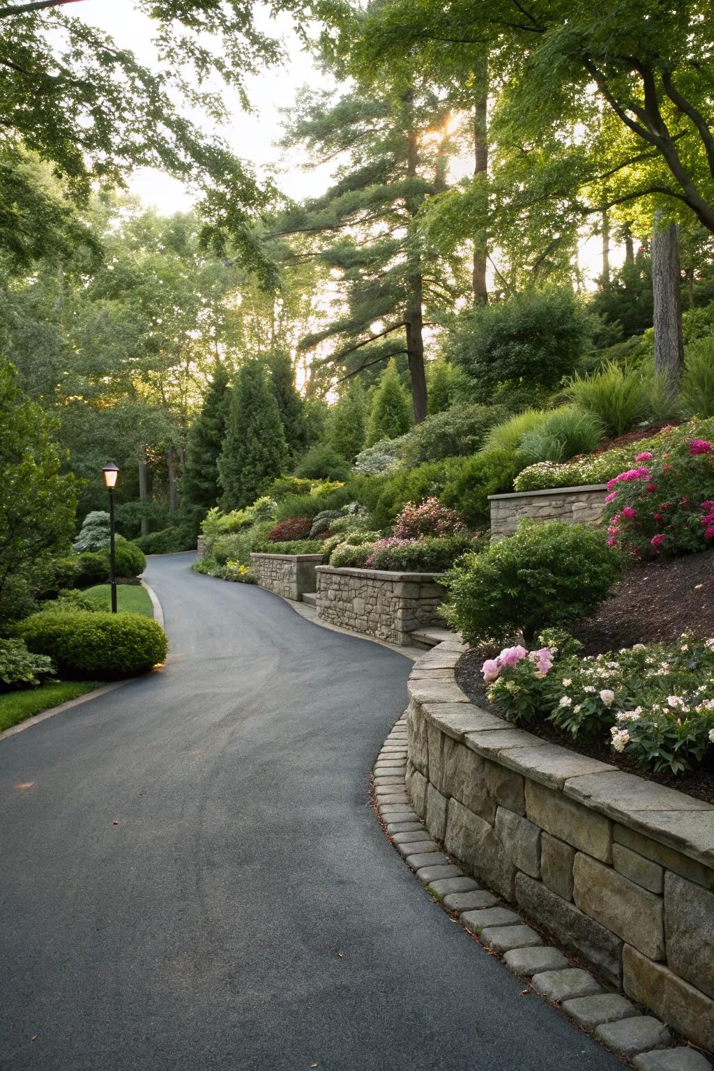 An asphalt driveway enriched with retaining walls and integrated plantings.