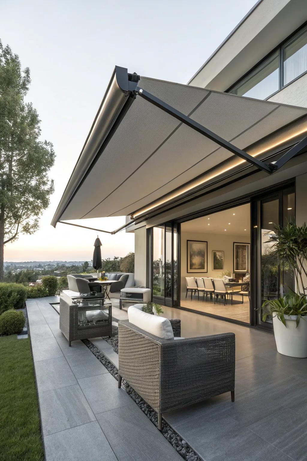 Motorized awnings offer convenience and style.