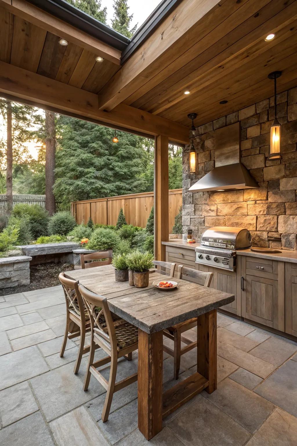 Sustainable materials add character and eco-friendly charm to this back patio kitchen.