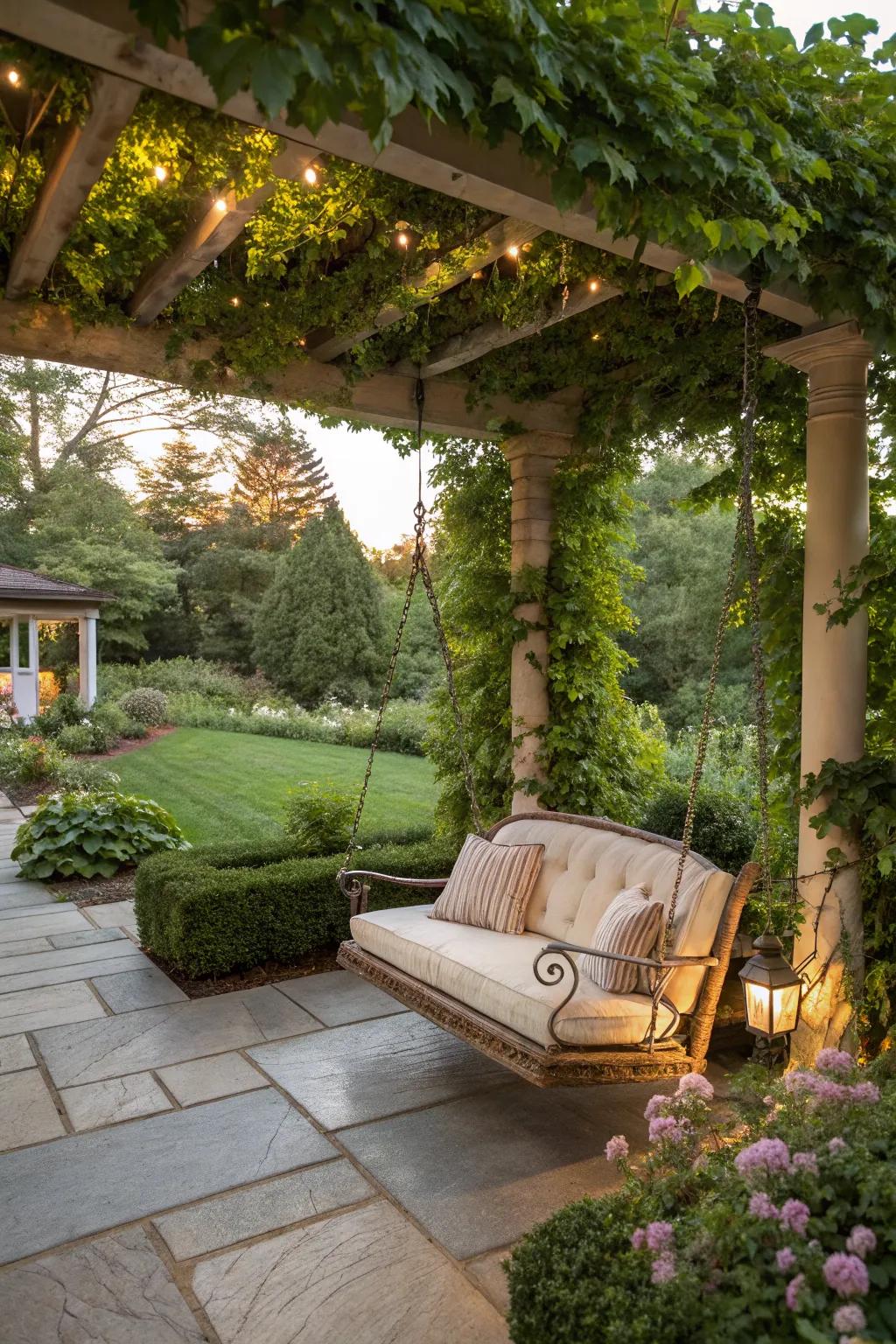 A pergola swing provides a whimsical and relaxing retreat.
