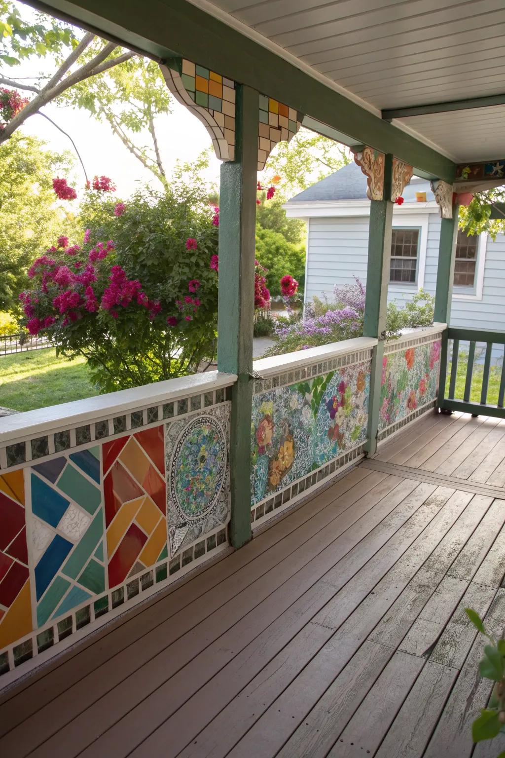 Artistic mosaic walls transform fences into vibrant art pieces.