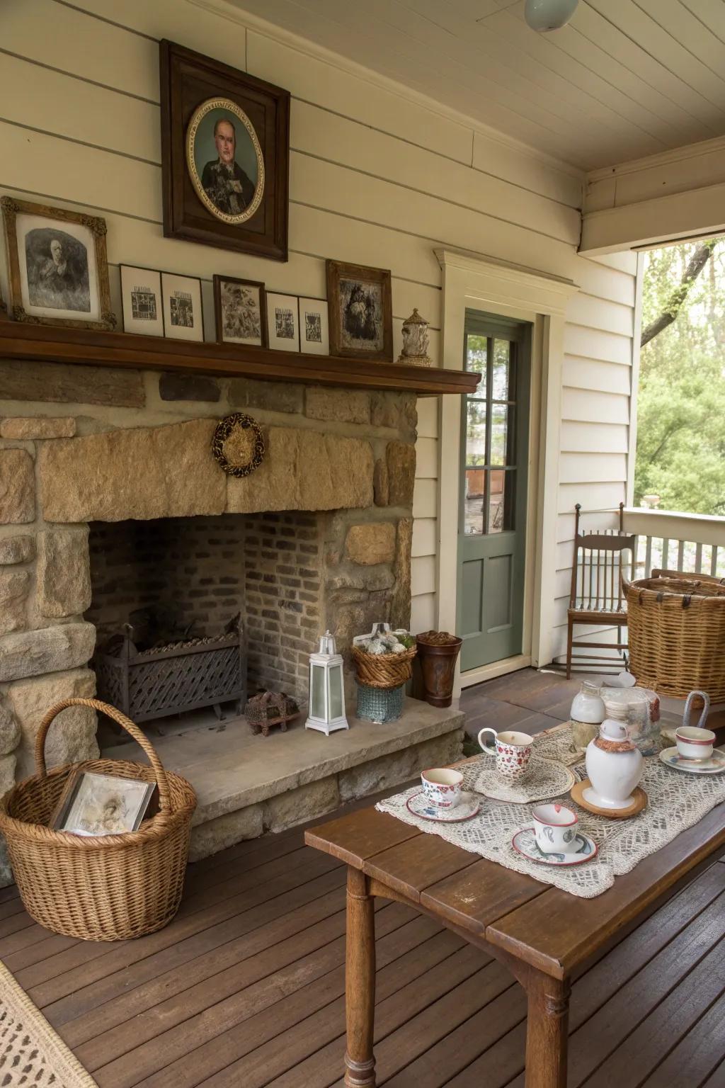 Vintage charm adds a cozy atmosphere to the porch.