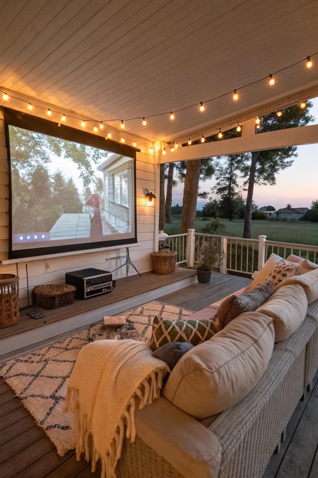 An outdoor movie setup creates magical evenings on your porch.