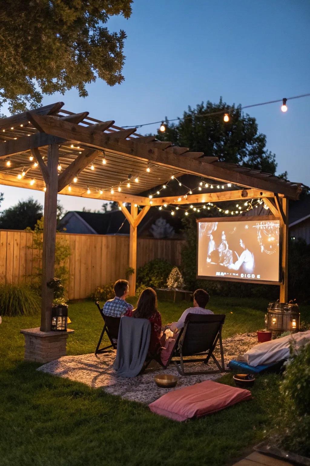 A pergola converted into a cozy outdoor movie theater.