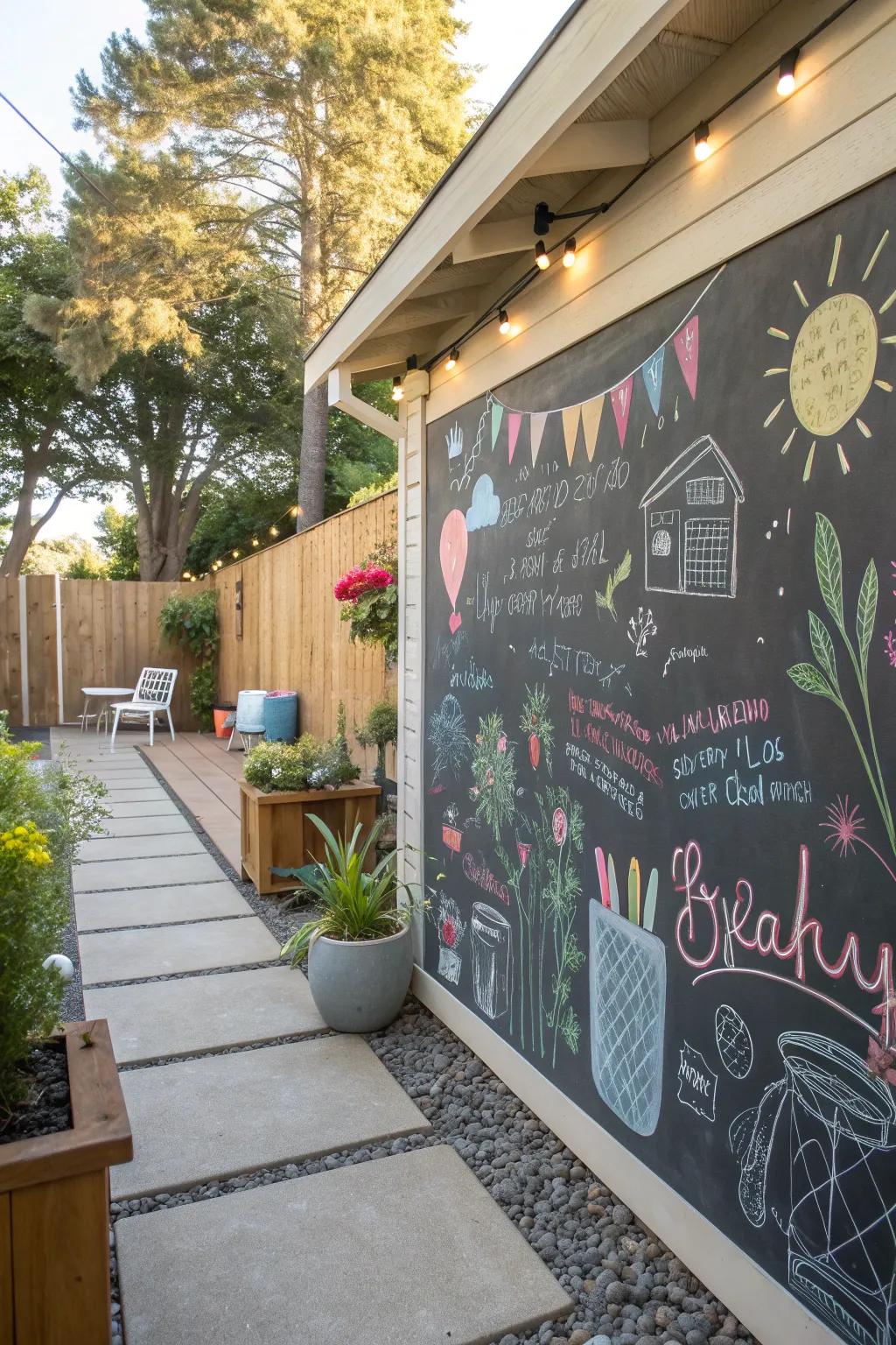 Add a playful touch with a backyard chalkboard wall