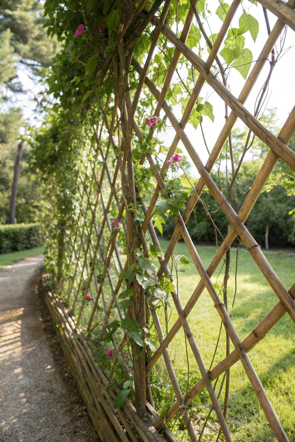 Bamboo trellises support lush climbing greenery.