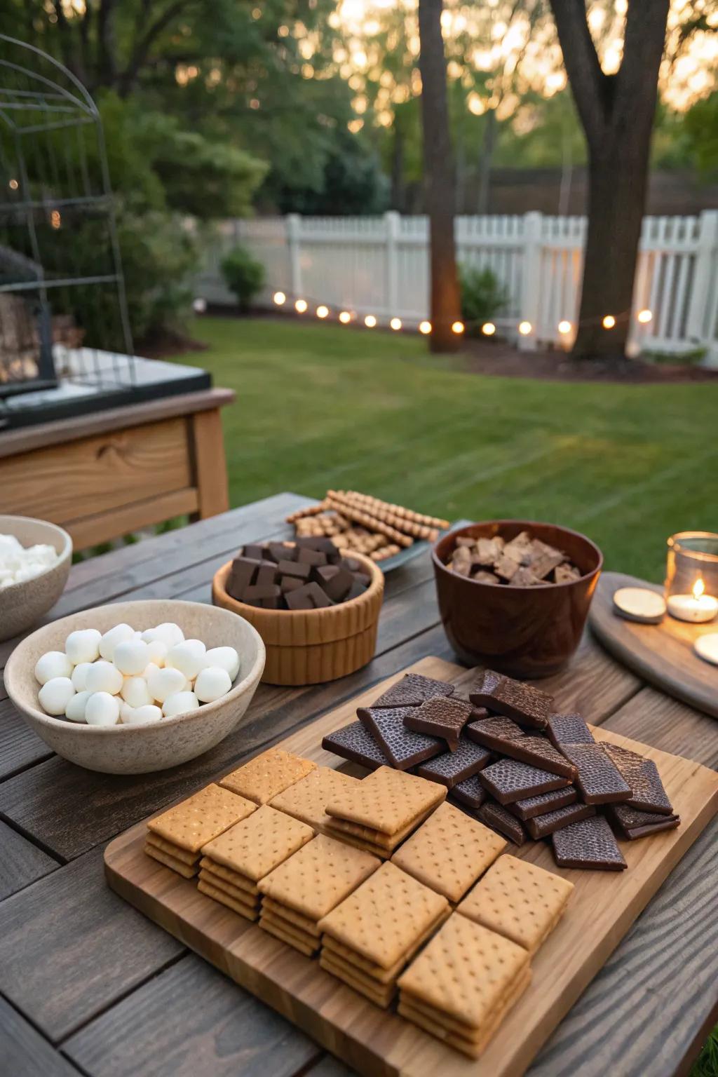 A s'mores station adds fun and sweetness to any BBQ gathering.