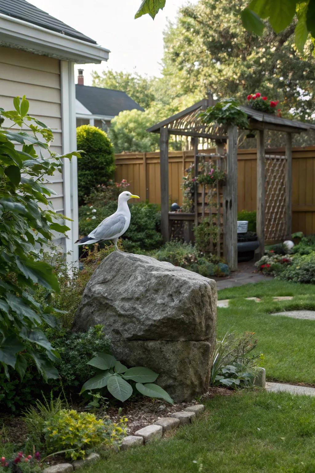 Seagull statues add coastal whimsy.