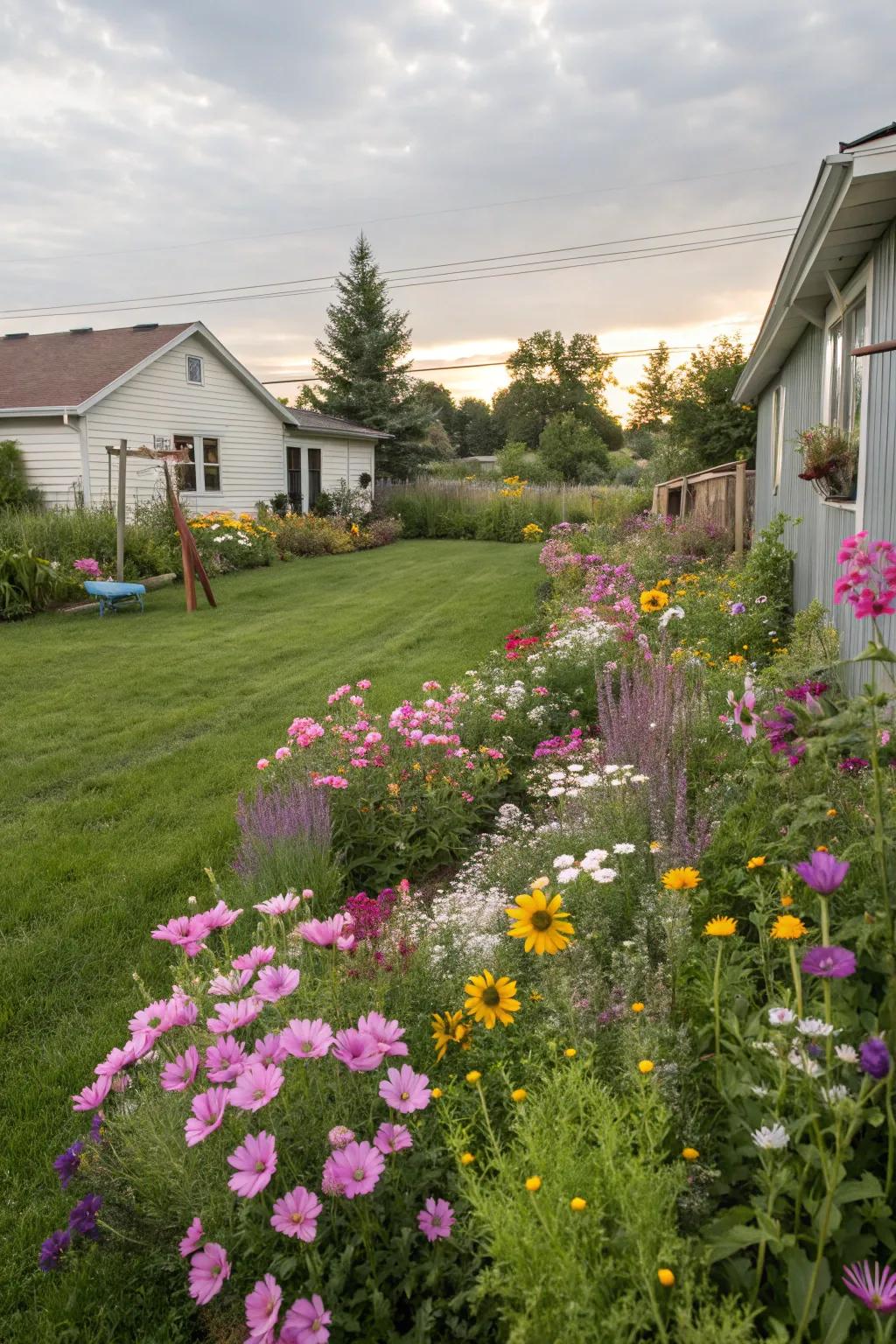A wildflower meadow invites birds with its natural beauty.