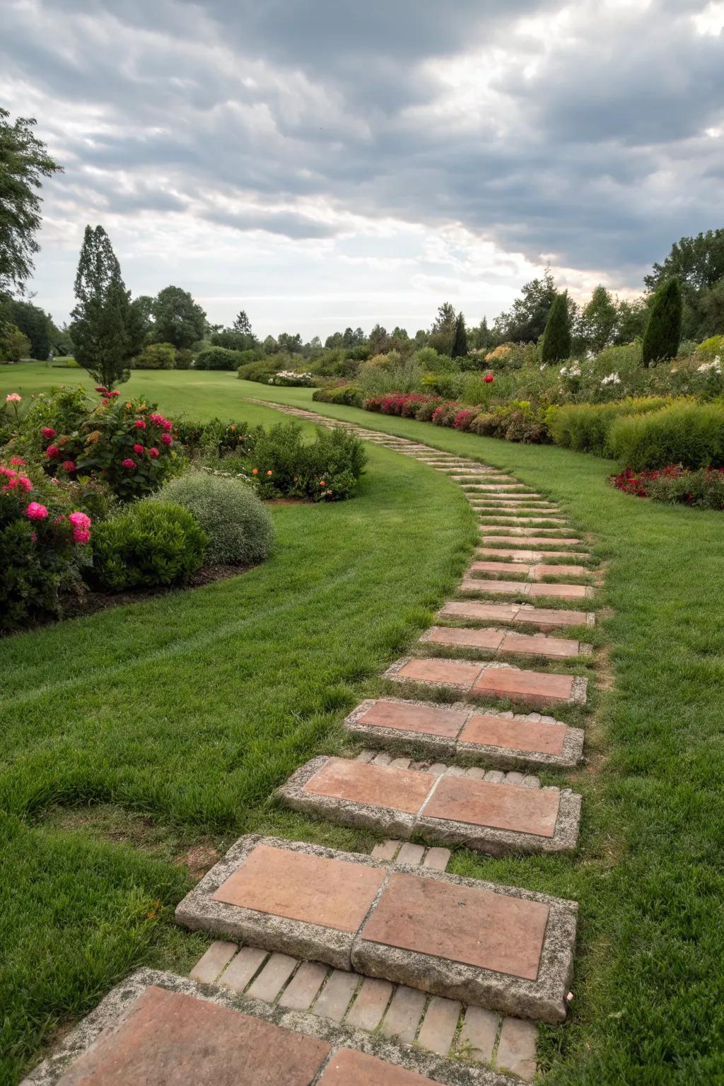 Brick stepping stones create inviting paths.