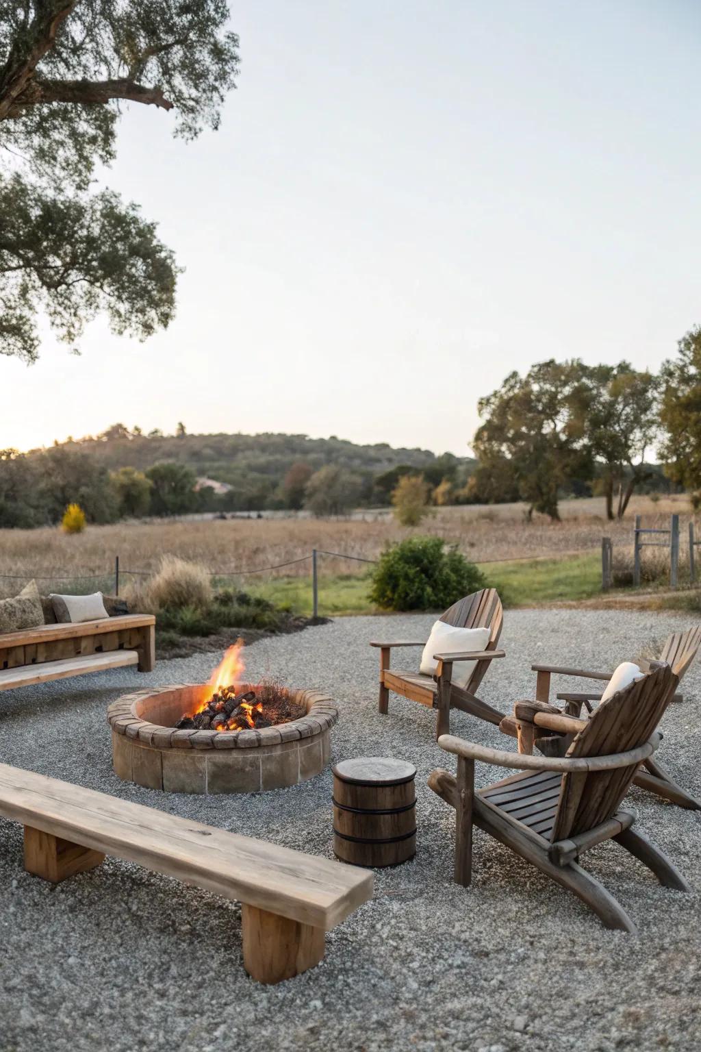 Pea gravel adds a rustic and easy-to-maintain surface around the fire pit.