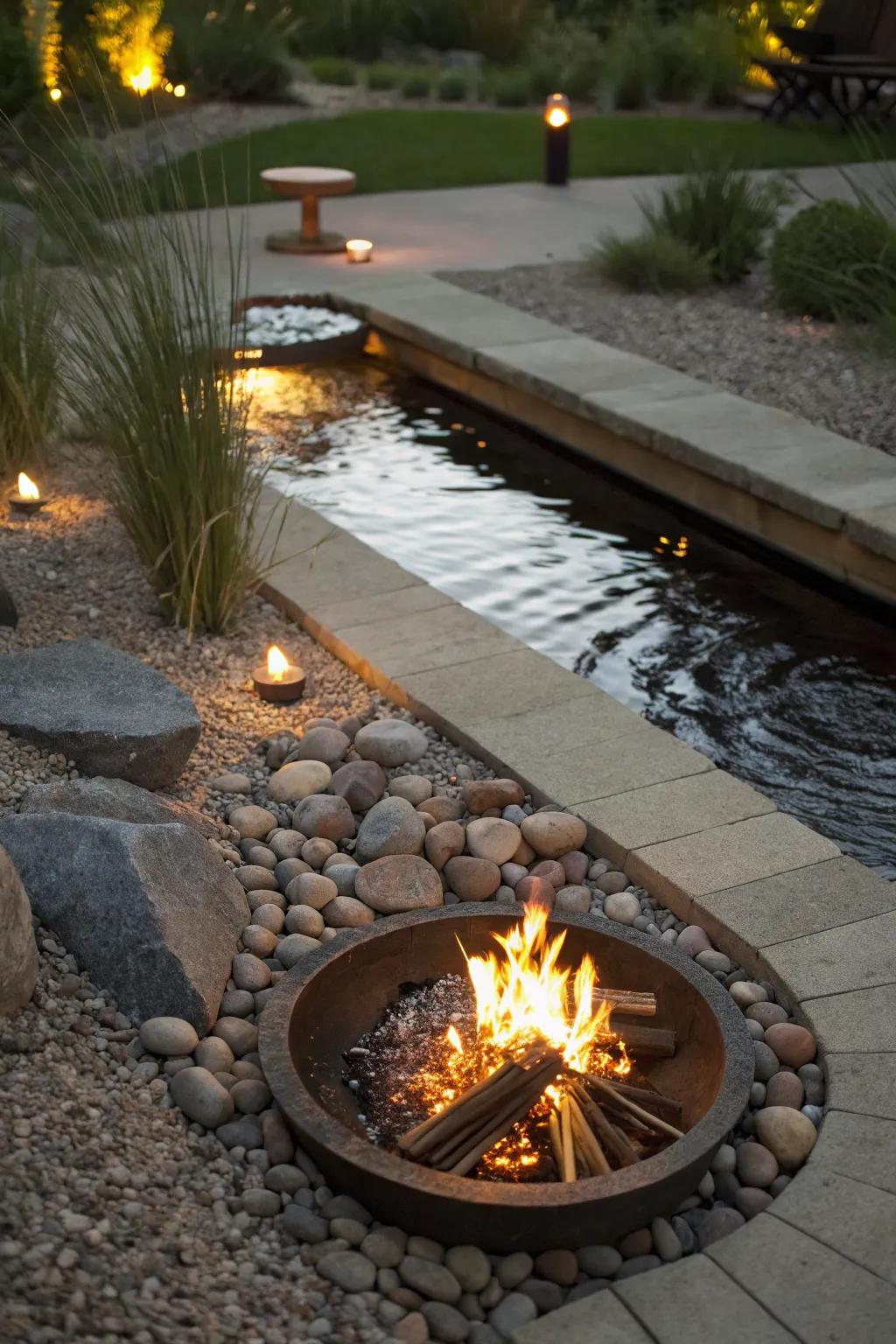 A water feature adds a dynamic contrast to the fire pit area.