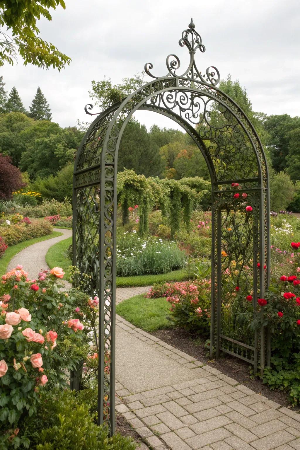 Artistic metalwork arches make elegant garden statements.