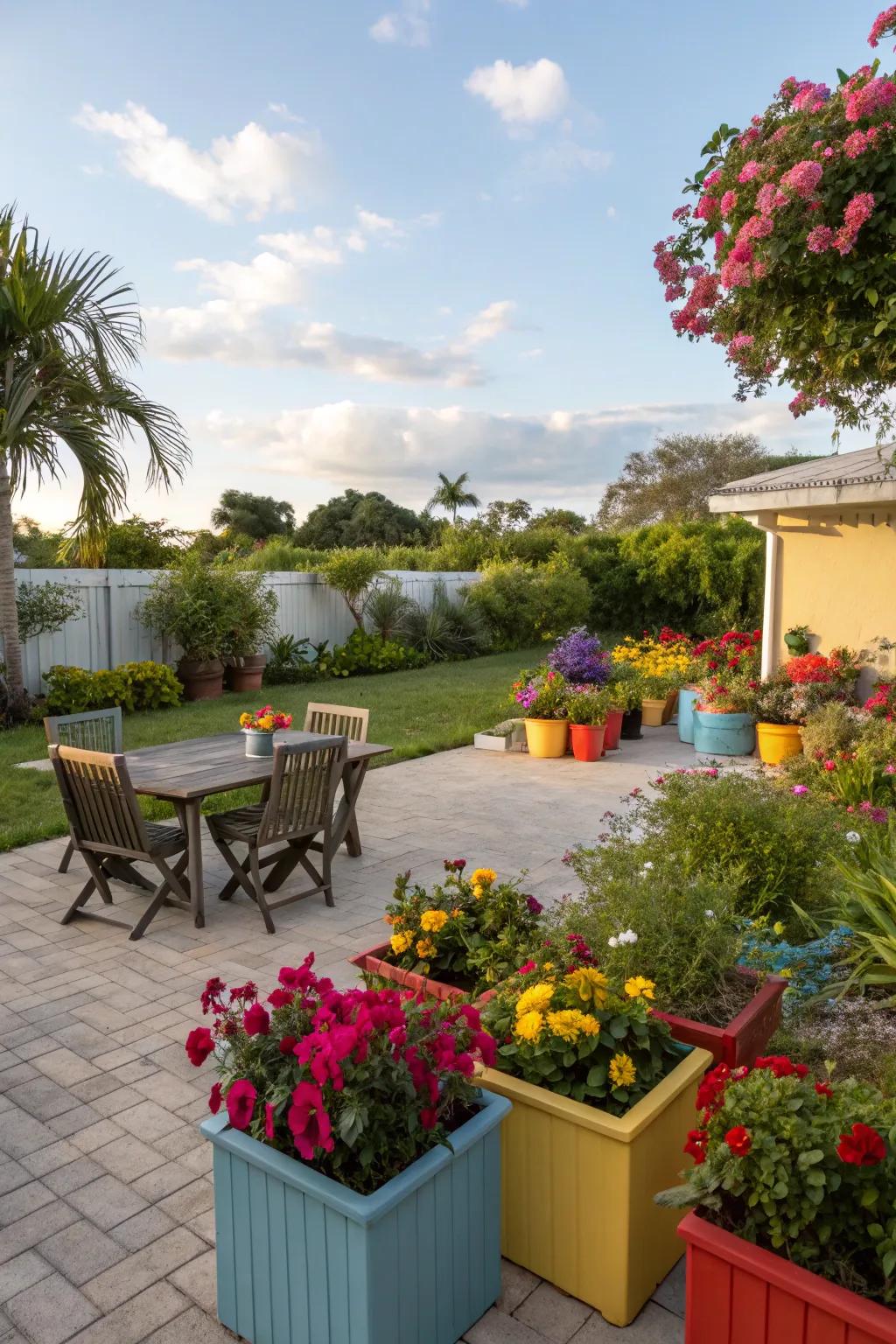Planters and containers add vibrant pops of color to a Florida patio.
