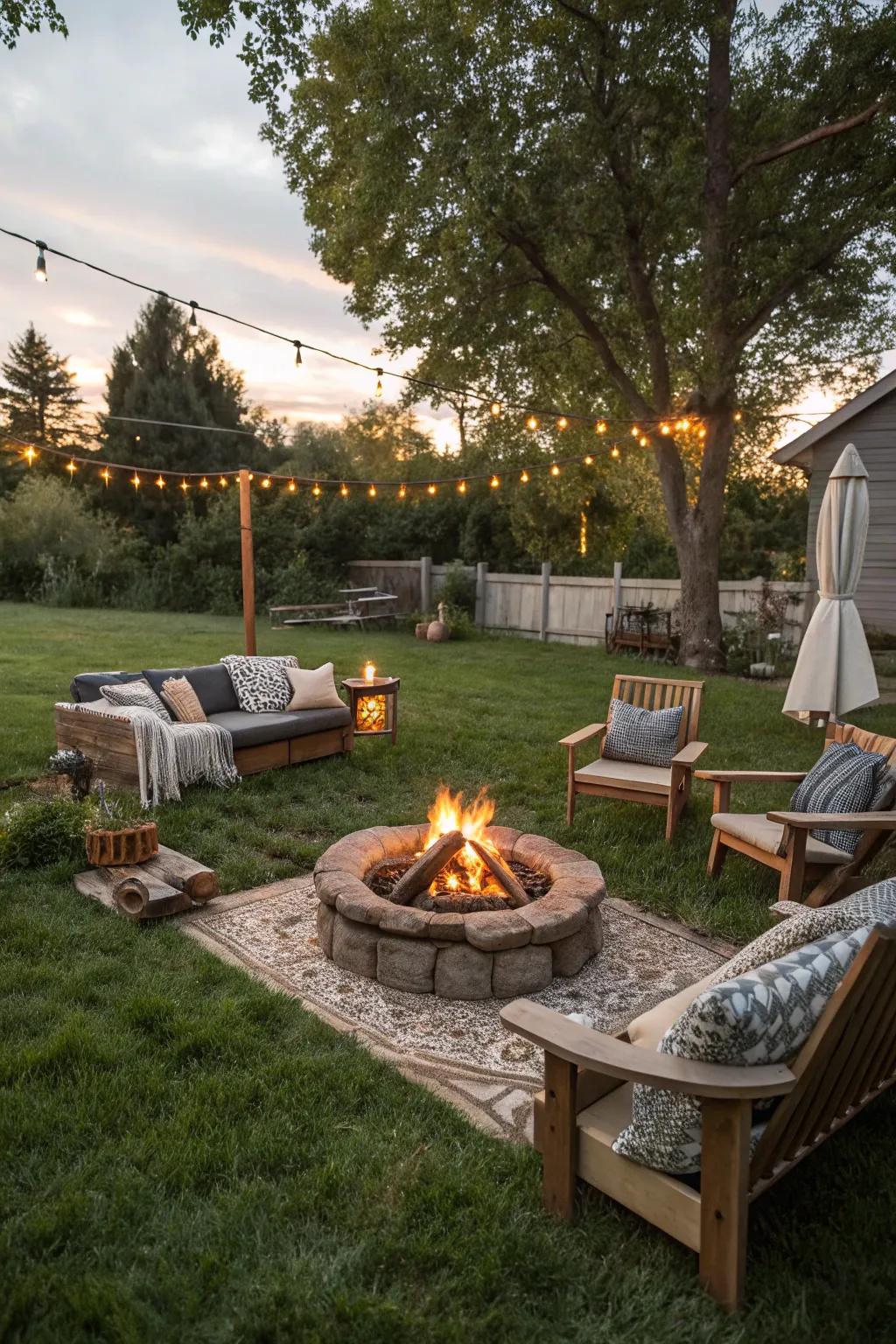 A focal fire pit enhances cozy outdoor gatherings.