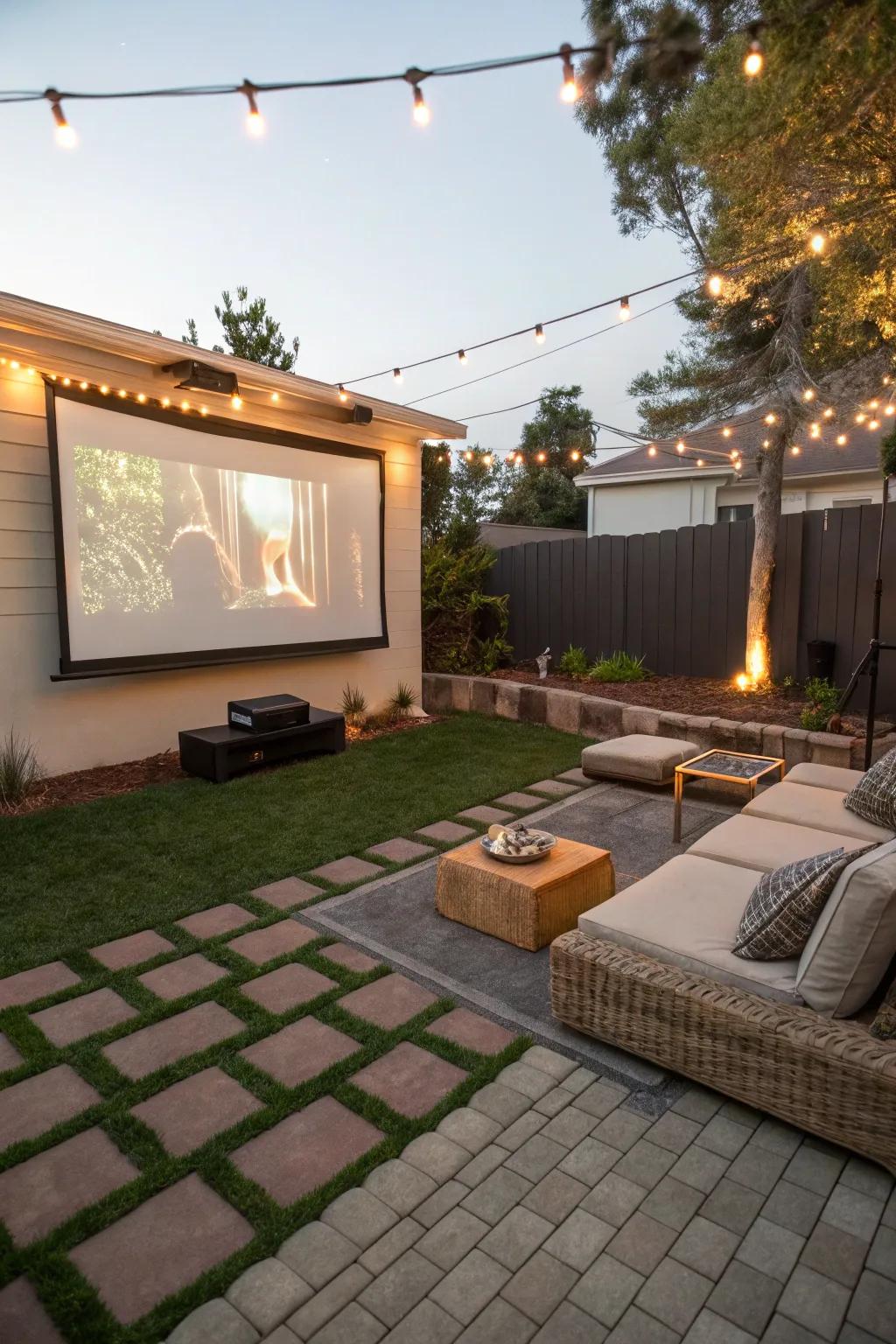 An outdoor movie area transforms your backyard into a cinematic experience.