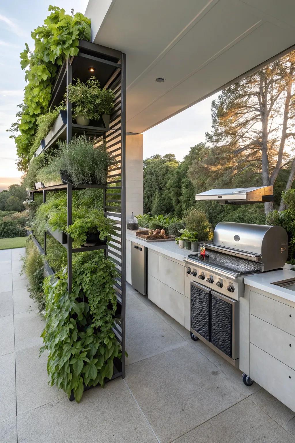 A vibrant outdoor kitchen with vertical gardens offering fresh herbs and greenery.